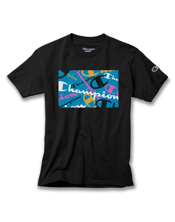 Champion Boys T-Shirt NZ - Cotton Scattered Logos Black ( 4938-YECQN )